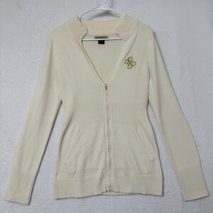 Guess Jeans Sweater Womens Large Cream Zip Cardigan Pockets Knit Vintage Y2K